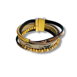 Magnetic Closure Cuff Multi Leather Beaded Bracelet 7.5"
